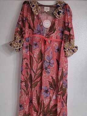 NWT Umgee Open Front Florsl Duster/Cover Up With Scalloped Collar    Size L